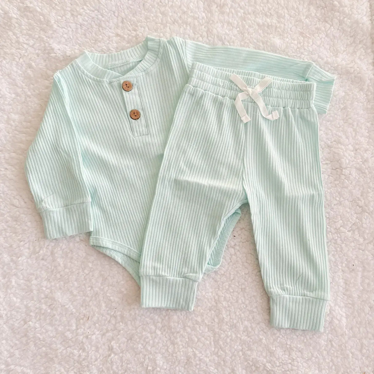 Personalised Ribbed Cotton Baby Bodysuit & Jogger Set with Name Embroidery-Blue