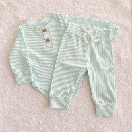 Personalised Ribbed Cotton Baby Bodysuit & Jogger Set with Name Embroidery-Blue