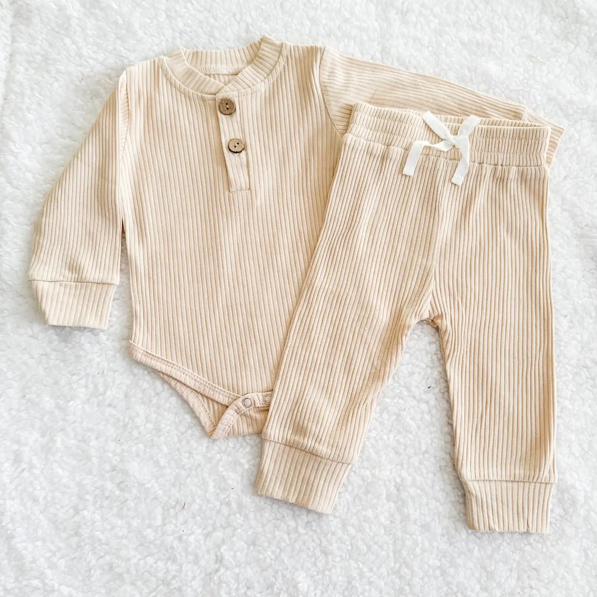 Personalised Ribbed Cotton Baby Bodysuit & Jogger Set with Name Embroidery-Beige