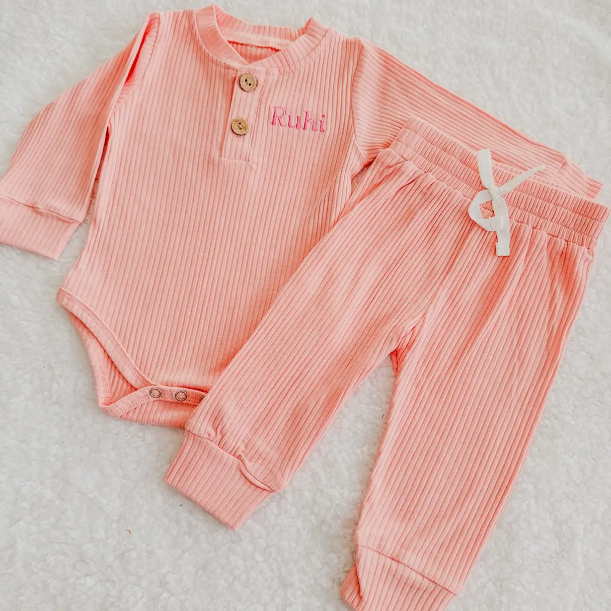 Personalised Ribbed Cotton Baby Bodysuit & Jogger Set with Name Embroidery-Pink