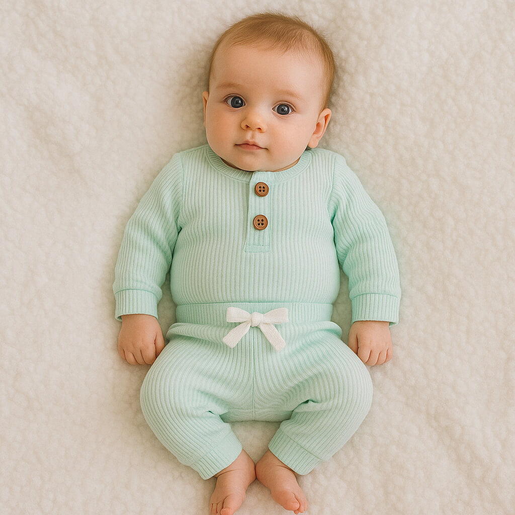 Personalised Ribbed Cotton Baby Bodysuit & Jogger Set with Name Embroidery-Blue