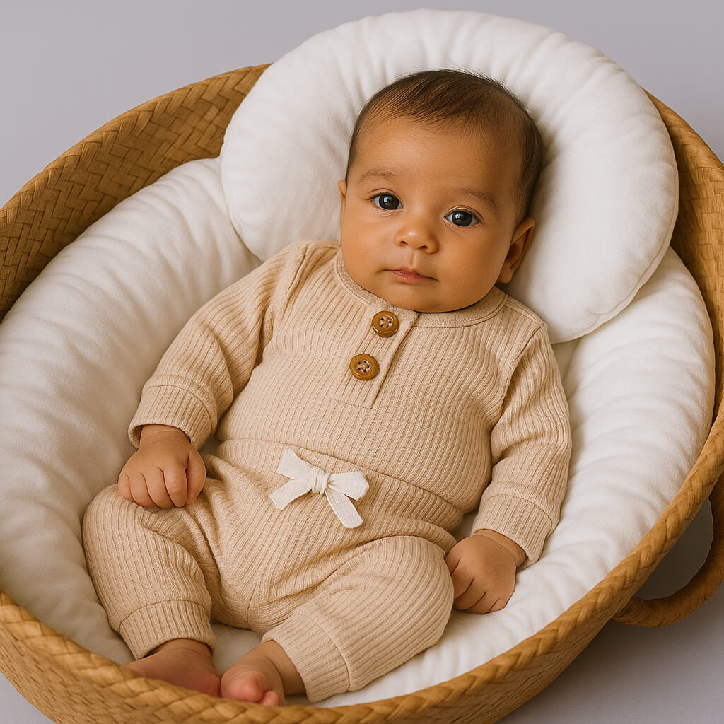 Personalised Ribbed Cotton Baby Bodysuit & Jogger Set with Name Embroidery-Beige