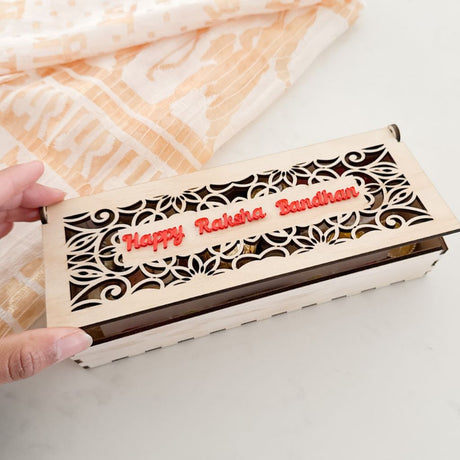 Personalised Rakhi Gift Box – "Happy Raksha Bandhan" Wooden Hamper
