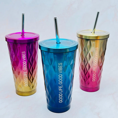 Metallic Double Wall Tumblers With Straw And Lid - KnK krafts