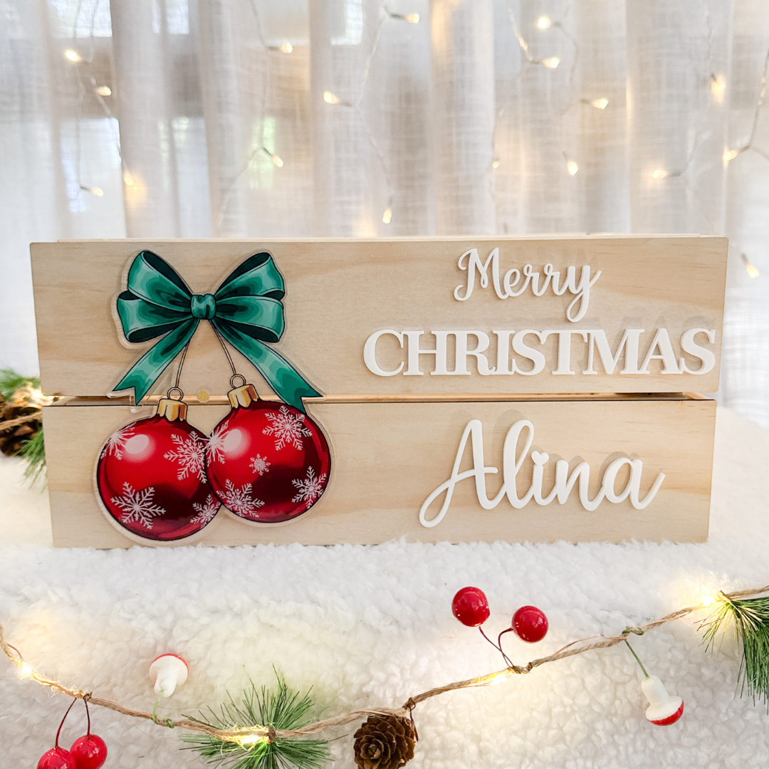 Personalised Christmas Crate – Bow Baubles Design
