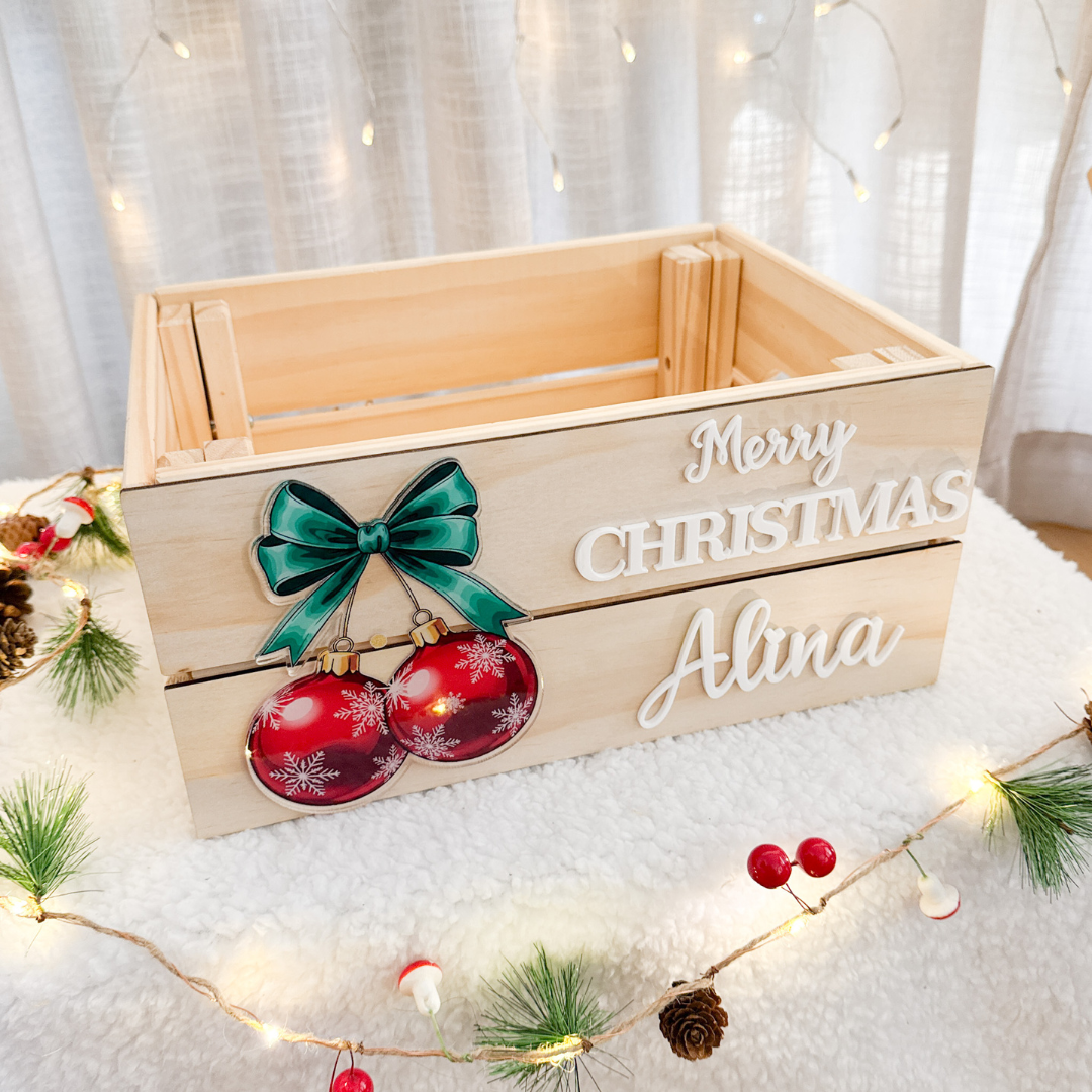Personalised Christmas Crate – Bow Baubles Design