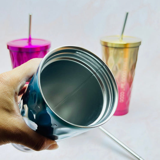 Metallic Double Wall Tumblers With Straw And Lid - KnK krafts